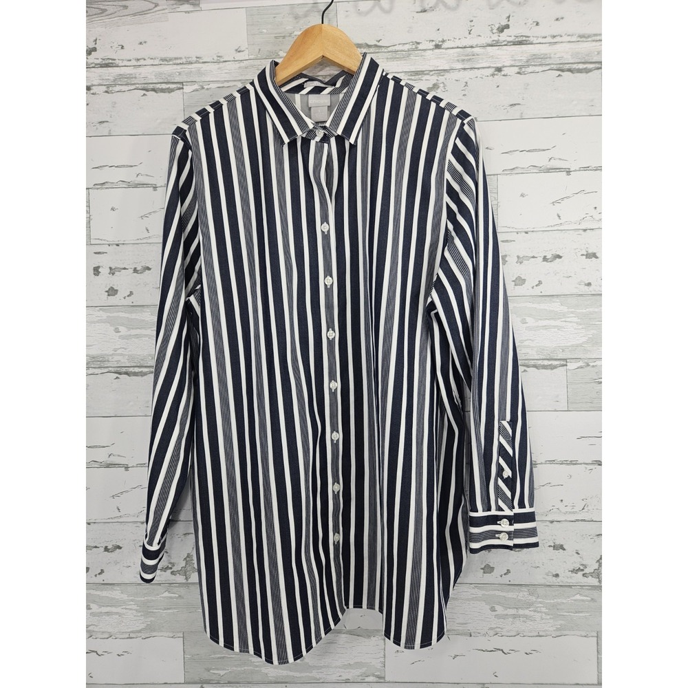 Chicos Womens 16 No Iron Stretch Shirt Navy Blue Vertical Stripe